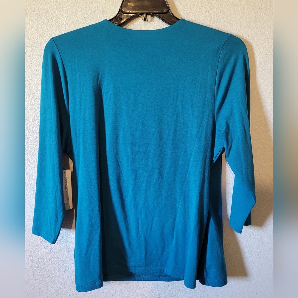 NWT Soft Surroundings Alyssa Knit Top Blue Overlap Size XL Pima Long 3/4 Sleeve - Picture 3 of 6
